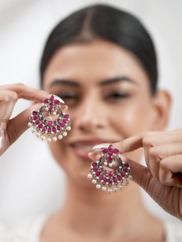 Rubans Oxidised Silver Toned Faux Ruby Studded Embellished With Pearl Chandbali Earrings
