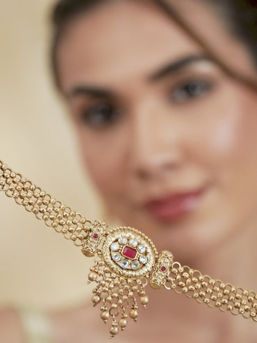 Rubans 22K Gold Plated Ruby Red & White Kundan Studded Choker Jewellery Set with Golden Beads