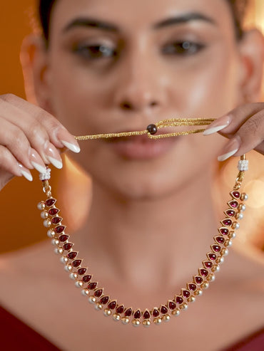 Ruby Studded Pearl Drop Necklace Set