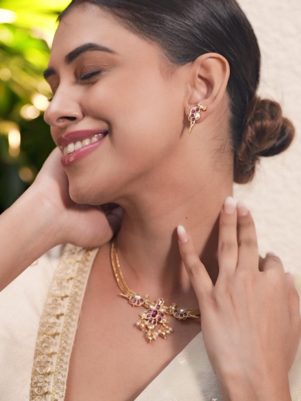 Pink Studded Gold Toned Pearl Necklace Set