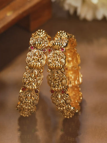 Rubans Set of 2 24K Gold-Plated Divine Lakshmi Temple Bangles with Ruby & Emerald Stones