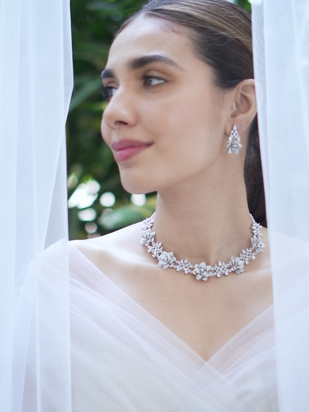 American Diamond Zirconia Floral Motif Necklace Set