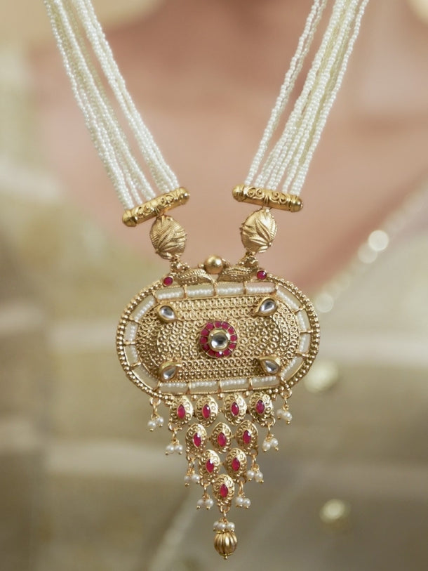 Rubans Gold Plated Hand Crafted Pearl Embellished Statement Necklace Set