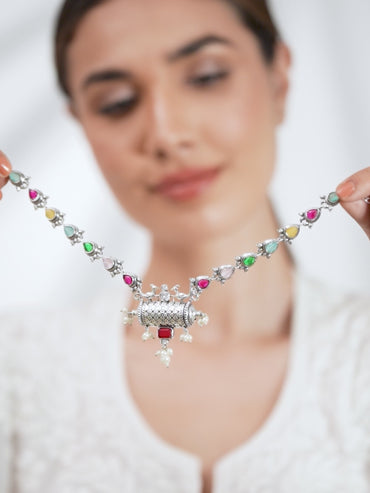 Oxidised Peacock Motif Multicolor Pearl Drop Necklace