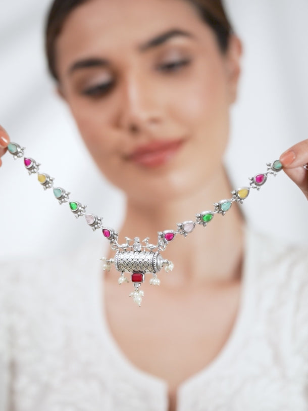 Oxidised Peacock Motif Multicolor Pearl Drop Necklace
