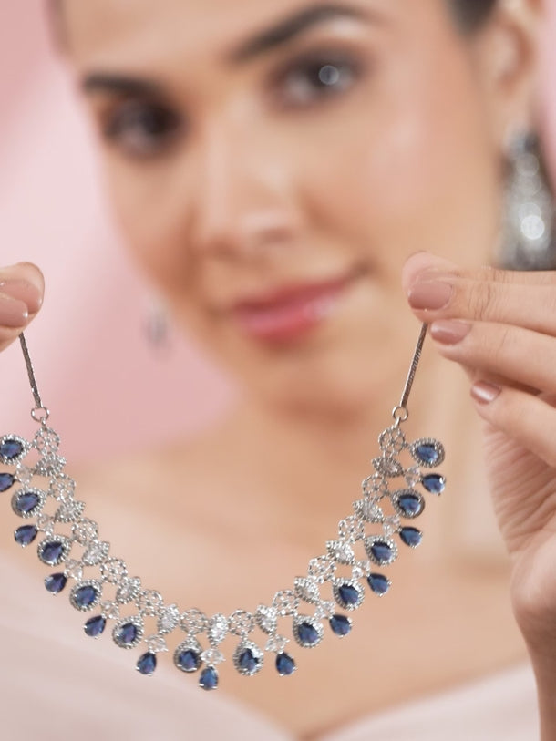 American Diamond Zirconia Blue Necklace Set