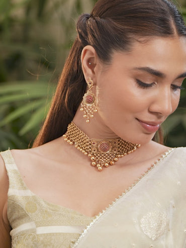 Ruby Studded Choker Set with Gold Beads