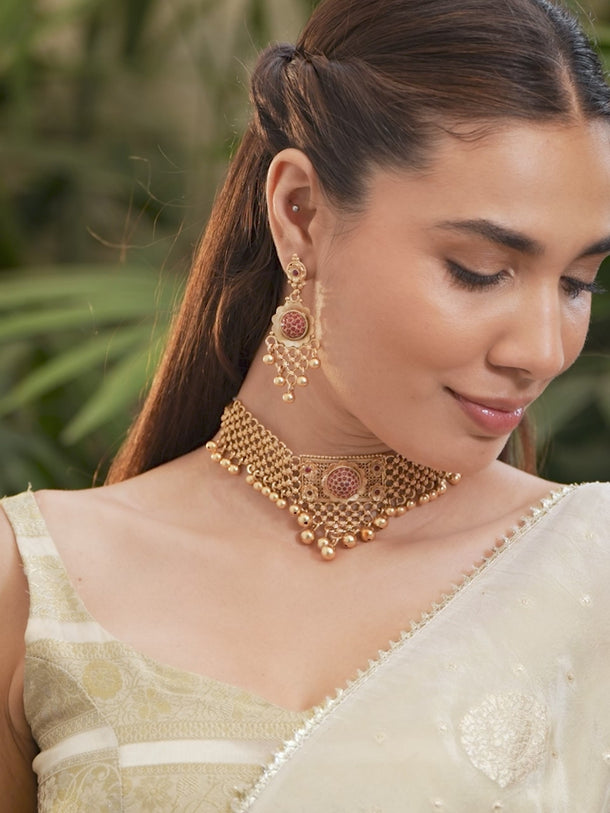 Ruby Studded Choker Set with Gold Beads