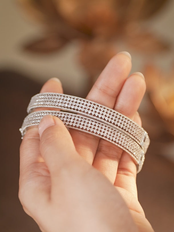 Rubans Set of 2 Rhodium-Plated AAA Cubic Zirconia Studded Handcrafted Openable Bangles