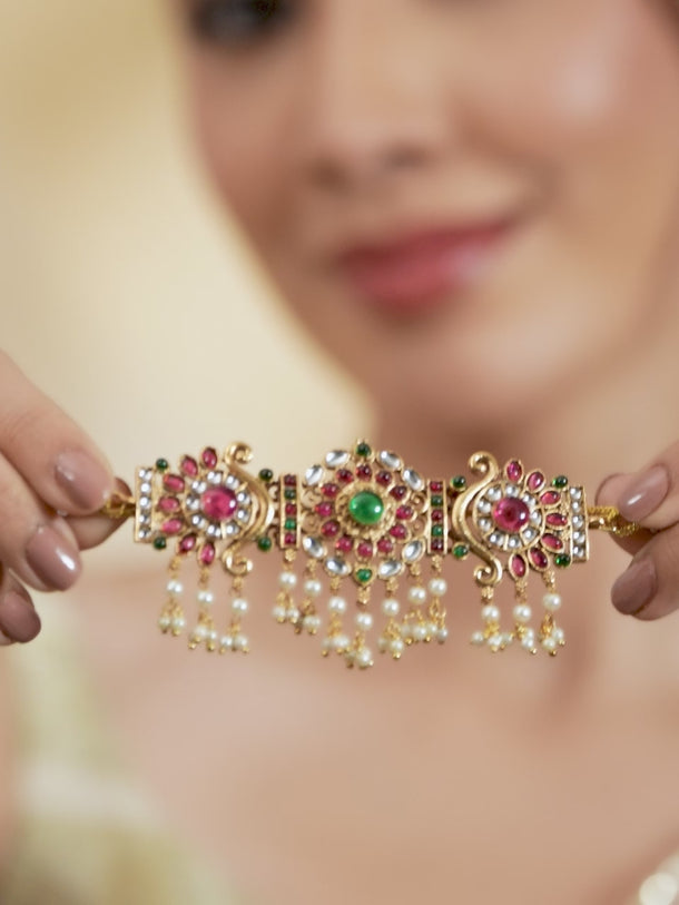 Red & Green Studded Kundan Floral Choker Set