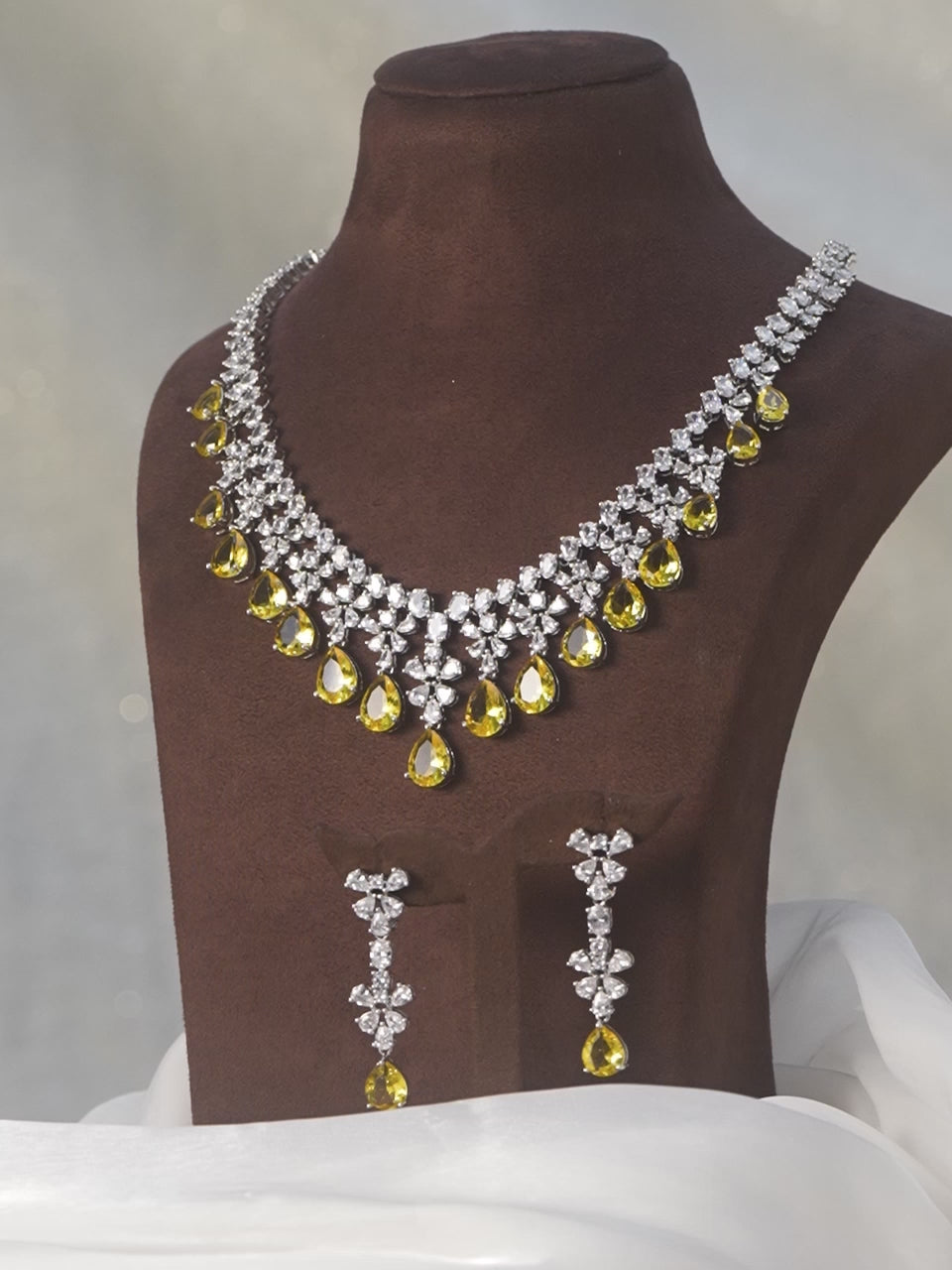 Rubans Rhodium plated Yellow sapphire Drop Dangler Statement Luxury Necklace Set