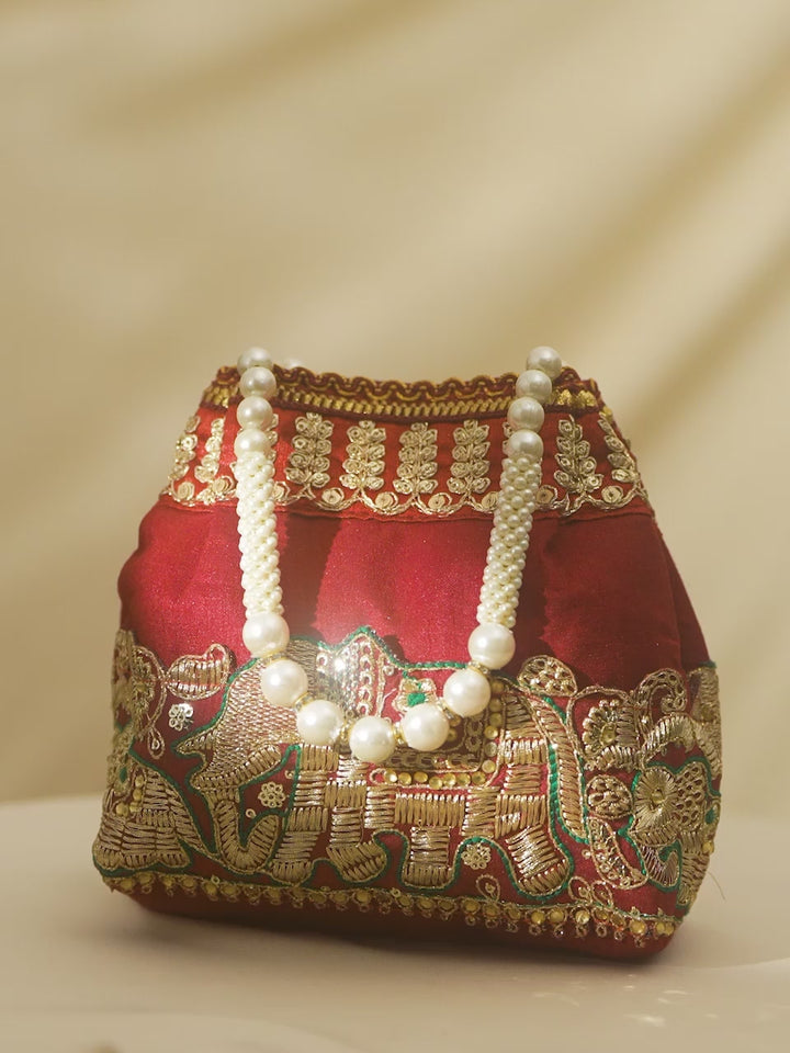 Rubans Maroon Coloured Potli Handbag With Silver Embroidery And Pearls