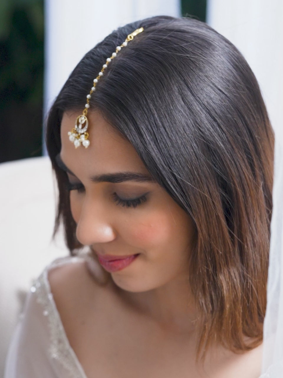 Rubans 22K Gold plated Jadu Polki Pearl beaded Chand motif sleek Maangtikka