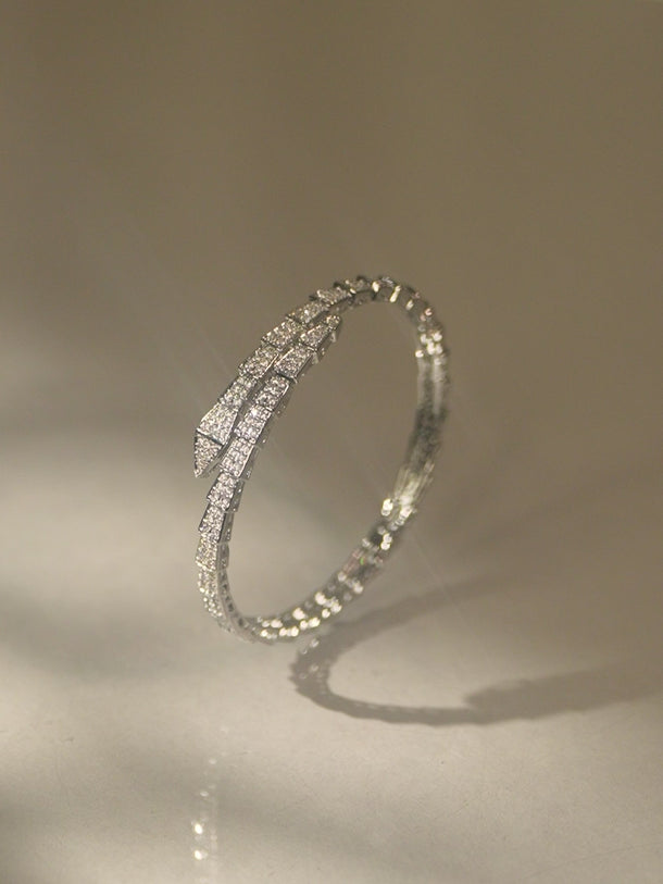 Rubans Rhodium-Plated Double-Layer Snake Design Openable Bracelet with Cubic Zirconia