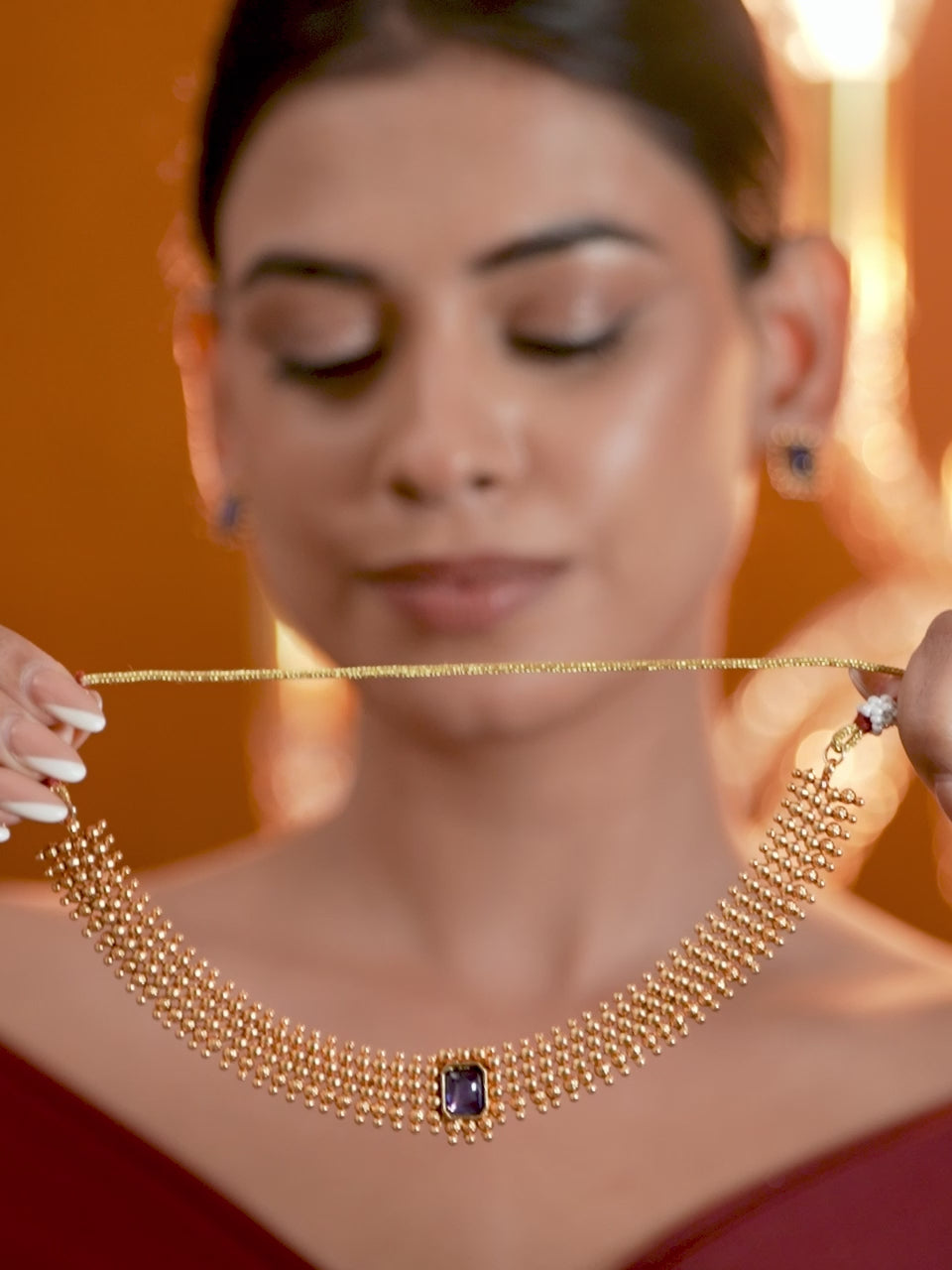 Blue Studded Golden Necklace Set