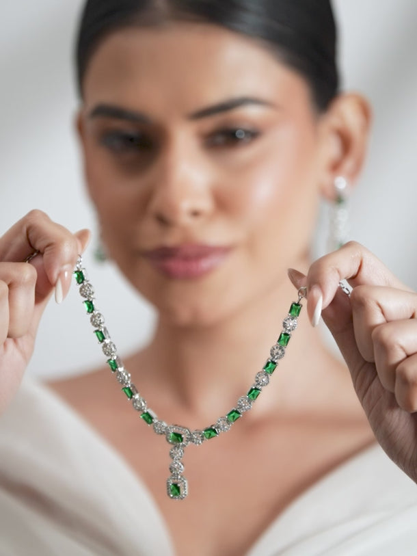 Green & White American Diamond Zirconia Necklace Set
