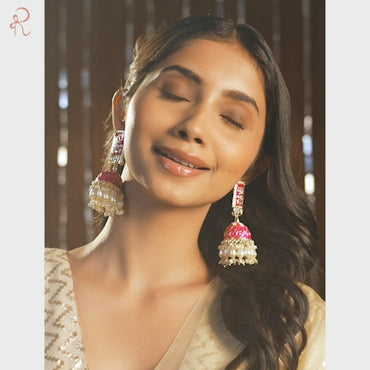 Rubans 18K Gold-Plated Pink Kundan Studded Enamel Handcrafted Dome Jhumkas with White Beads