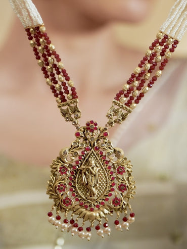 Lord Shri Krisha Majestic Temple Red Necklace Set