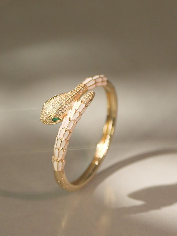 Rubans 22K Gold-Plated Zirconia Snake Motif Bracelet with Enamel Details & Emerald Accents