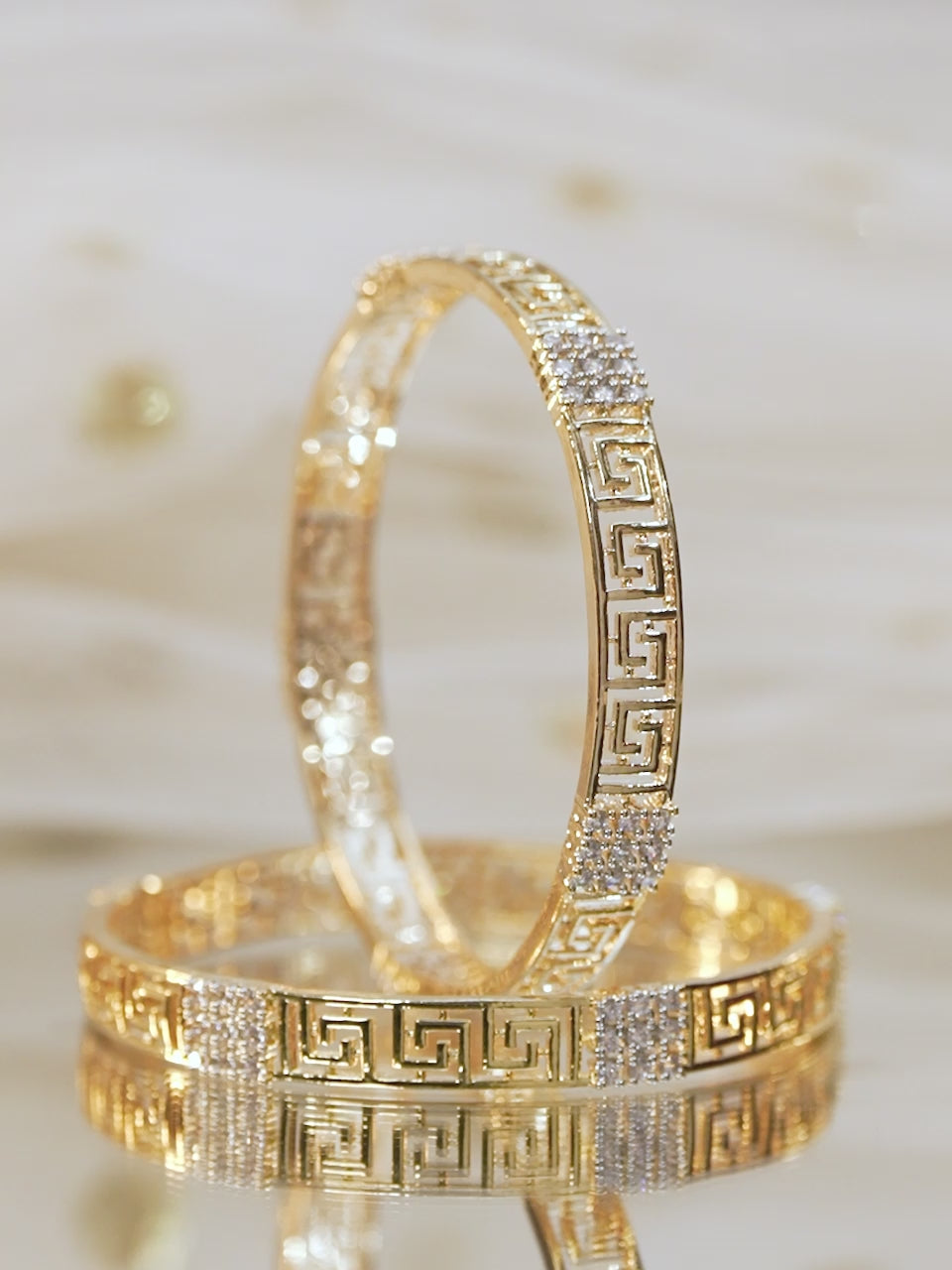 Rubans Set of 2, 22K Gold-Plated Greek Key Design & Cubic Zirconia Handcrafted Bangles