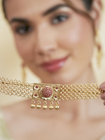 Rubans 24K Gold Plated Handcrafted Ruby Stone Studded & Gold Beaded Traditional Choker Set