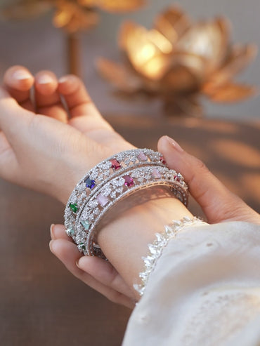 Rubans Set of 2 Rhodium-Plated Multicolor AAA Cubic Zirconia Studded Handcrafted Bangles