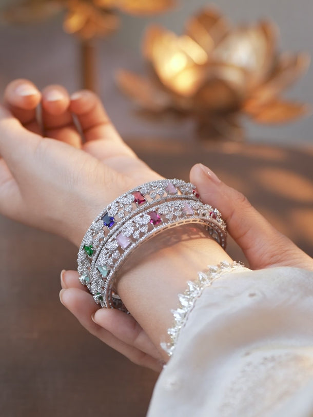 Rubans Set of 2 Rhodium-Plated Multicolor AAA Cubic Zirconia Studded Handcrafted Bangles