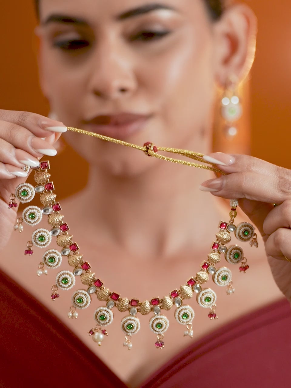 Multicolour Studded Gold Beaded Necklace Set