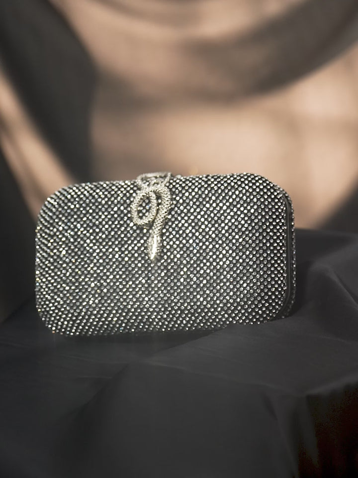 Rubans Grey With Dazzling Crystal Zirconia Embellished Serpent motif Clutch handbag