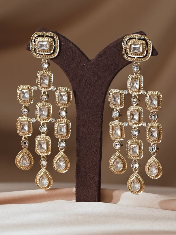 Rubans 22K Gold Plated Zirconia Studded Antique Light Gold-Tone Premium Chandelier Earring