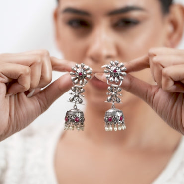 Rubans Oxidized Silver Plated Handcrafted Jhumka Earrings
