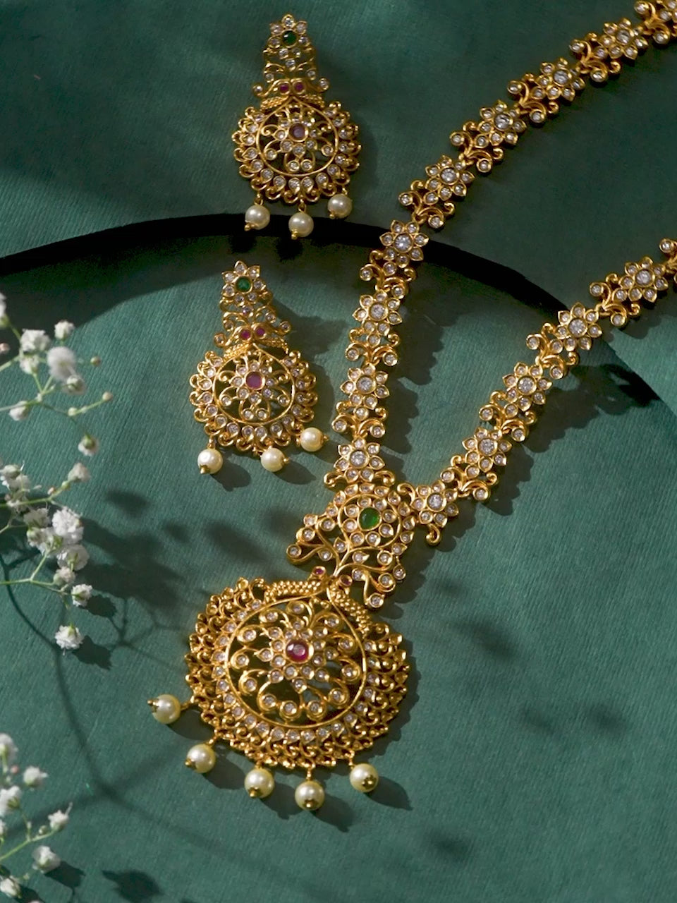 Rubans 24K Gold Plated Ruby, Emerald & Cubic Zirconia Studded Temple Necklace Set with Pearl Beaded