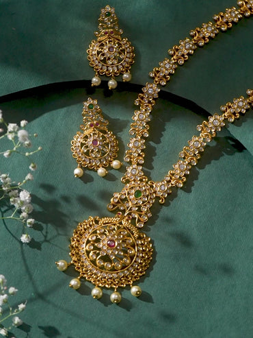 Rubans 24K Gold Plated Ruby, Emerald & Cubic Zirconia Studded Temple Necklace Set with Pearl Beaded