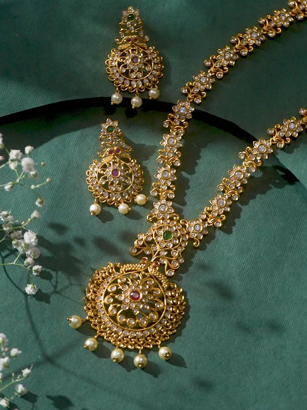 Rubans 24K Gold Plated Ruby, Emerald & Cubic Zirconia Studded Temple Necklace Set with Pearl Beaded