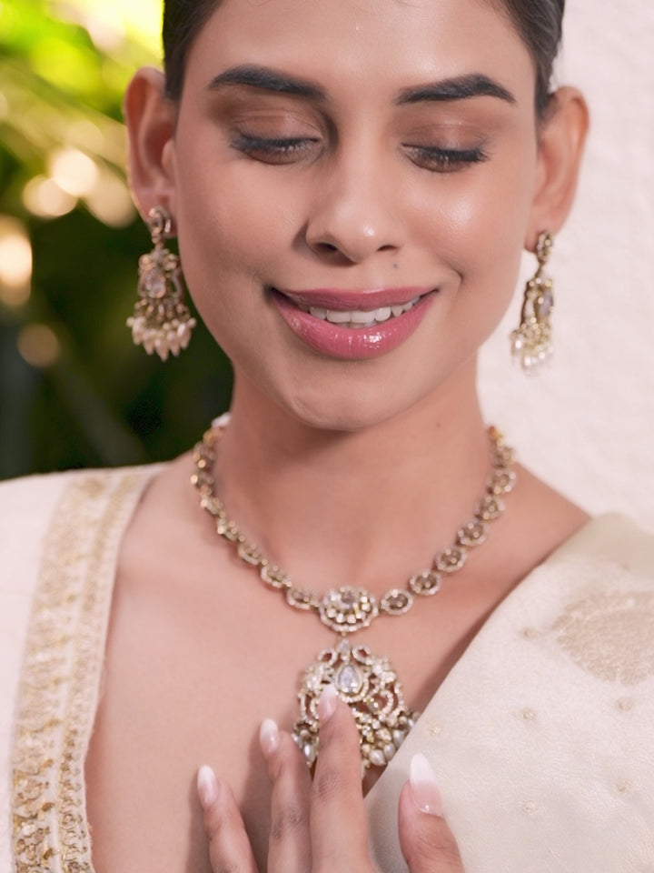 Rubans 22K Gold-Plated White Kundan, Cubic Zirconia Studded Necklace Set with Pearl Beads Drop