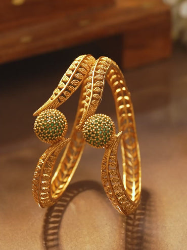 Rubans Set of 2 22K Gold-Plated Emerald Green Stone Studded Traditional Handcrafted Bangle