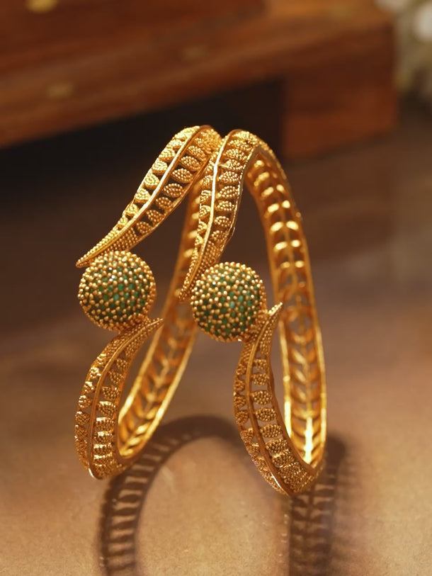 Rubans Set of 2 22K Gold-Plated Emerald Green Stone Studded Traditional Handcrafted Bangle