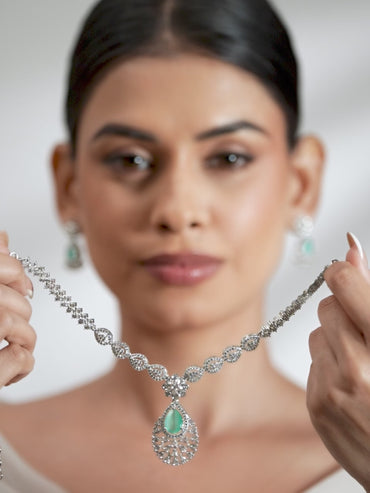 American Diamond Zirconia Green Accented Necklace Set