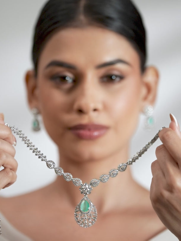American Diamond Zirconia Green Accented Necklace Set