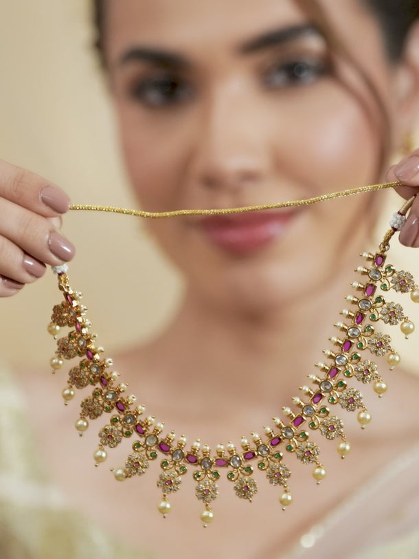 Rubans 22K Gold Plated Ruby Pink, Emerald & Cubic Zirconia Studded Floral Jewellery Set