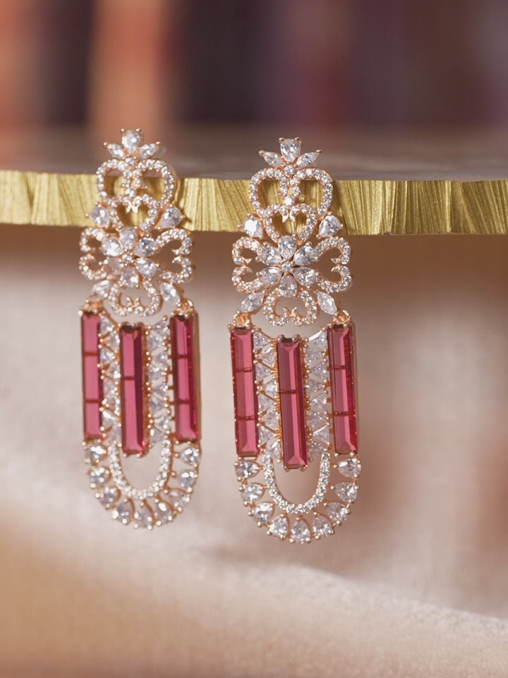 Rubans Gold Plated Pink & Zirconia Stone Studded Drop Earrings.