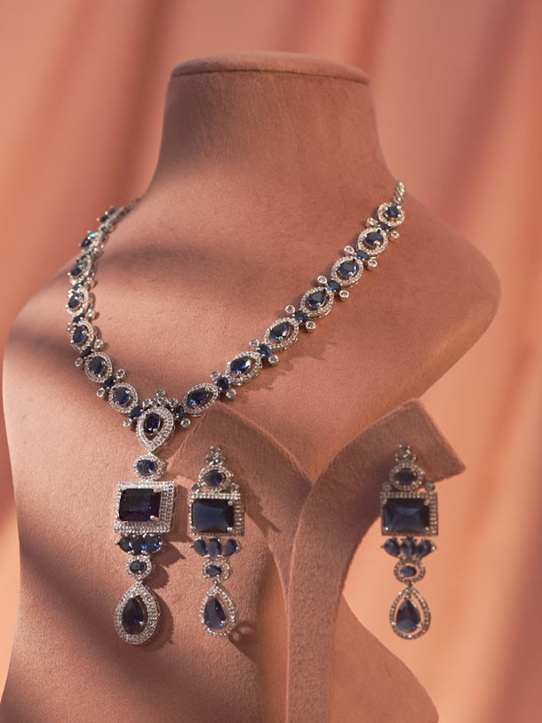 Blue Studded Necklace Set with American Diamond Zirconia