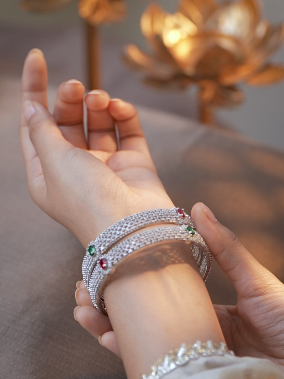 Rubans Set of 2 Rhodium-Plated Ruby Emerald and Cubic Zirconia Studded Premium Bangles