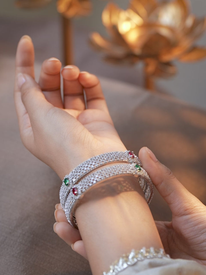 Rubans Set of 2 Rhodium-Plated Ruby Emerald and Cubic Zirconia Studded Premium Bangles