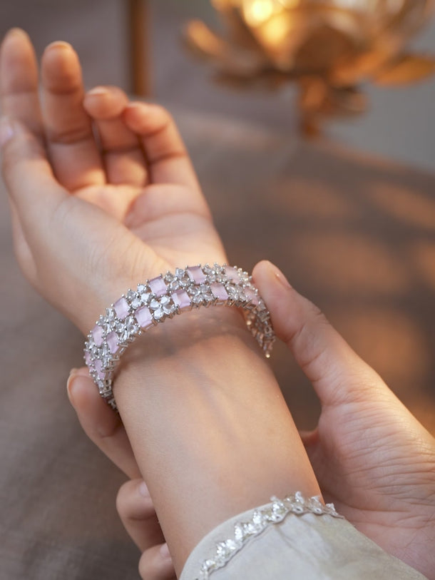 Rubans Set of 2 Rhodium-Plated Pastel Pink & White Cubic Zirconia Studded Bangles