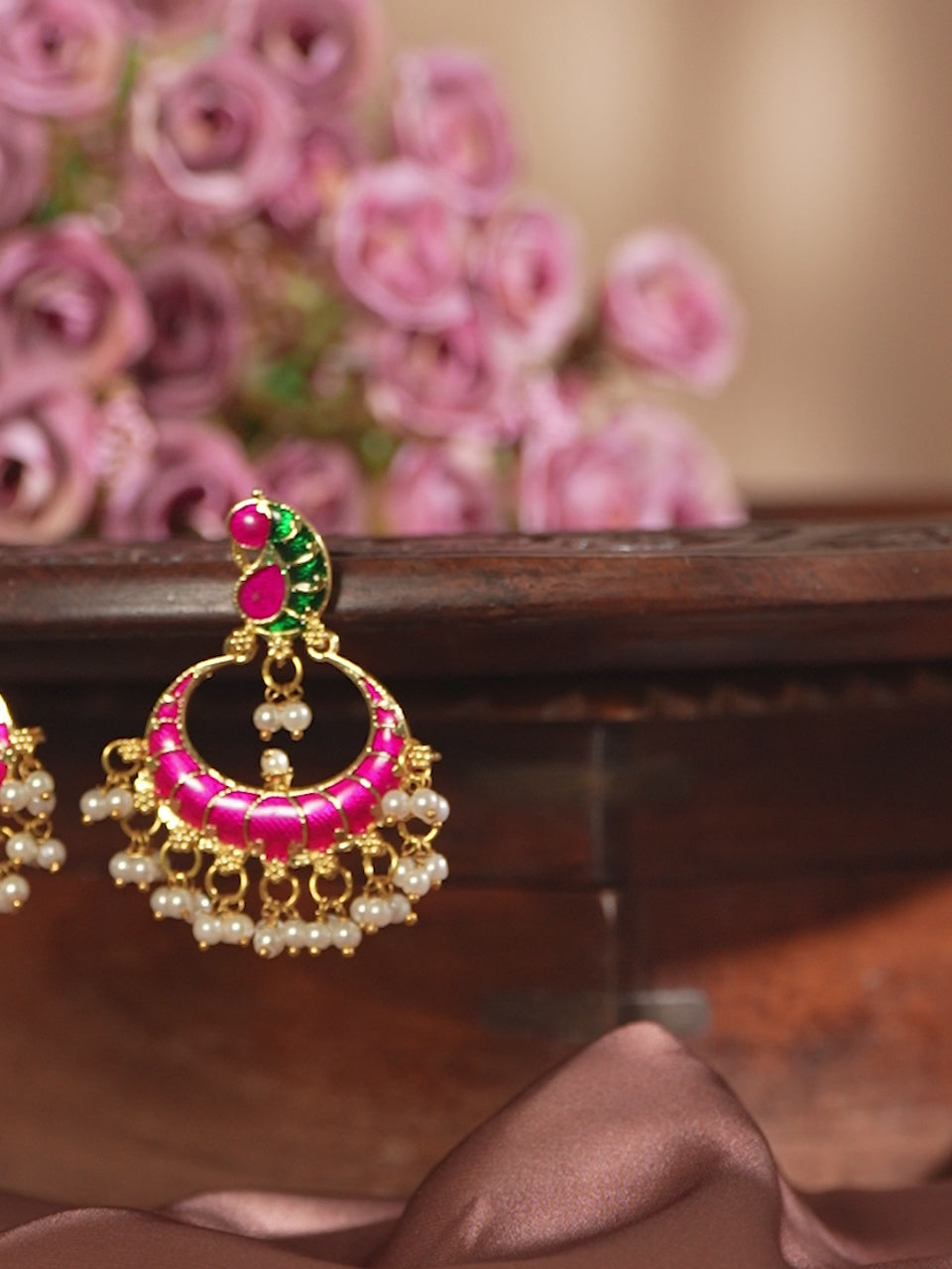 Rubans Gold Plated Pink And Green Enamelled Earrings With Peacock Design