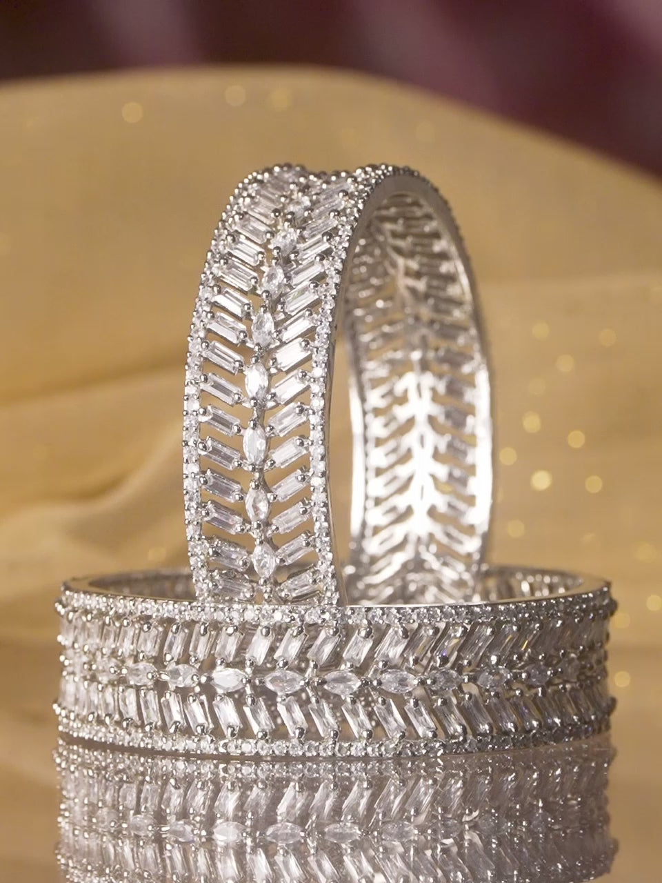 Rubans Set of 2 Rhodium-Plated White Cubic Zirconia Studded Leaf Design Premium Bangles