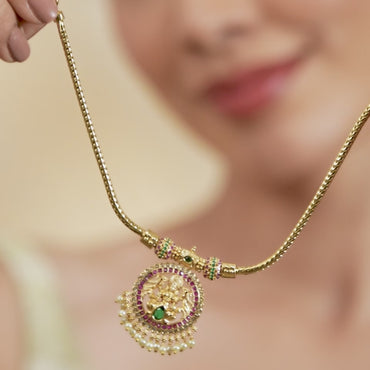 Multicolor Laxmi Motif Golden Pearl Necklace Set