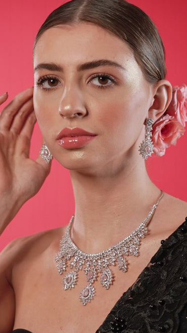 Rubans Silver Plated Pink Gemstone & AAA Cubic Zirconia Studded Floral Design Jewellery Set