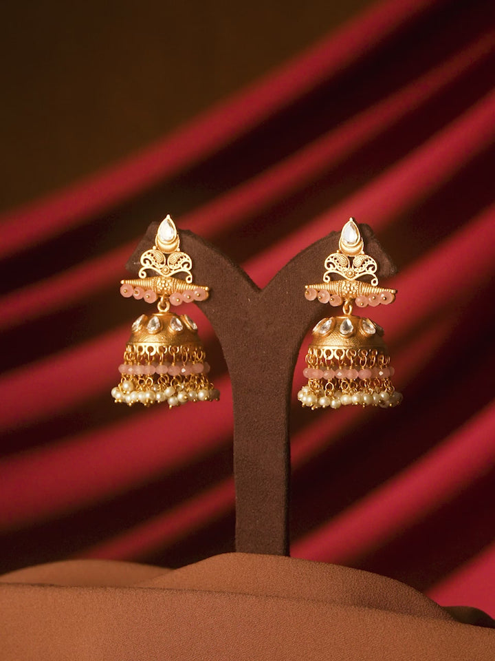 Rubans Gold-Plated Stone-Studded  Beaded Dome Shaped Jhumkas Earrings